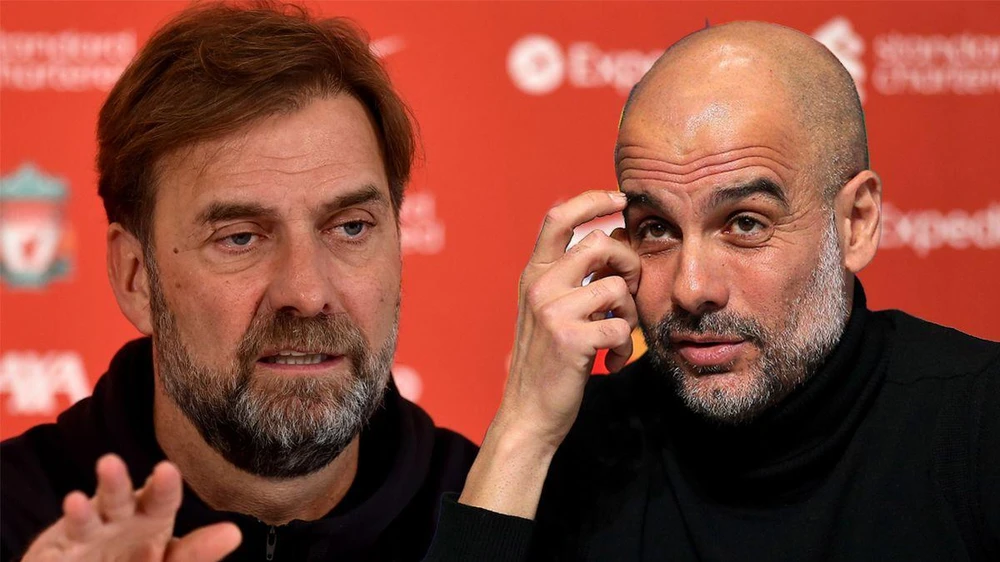 Klopp đang nhắm đến cú ăn 4 cùng Liverpool, còn Pep Guardiola muốn có cú đúp với Man City. ẢNH: GETTY