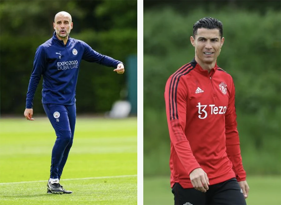 Pep Guardiola dùng bài "mô phỏng" trận đấu giữa MU và Man City để tìm cách khóa chặt Ronaldo. ẢNH: GETTY