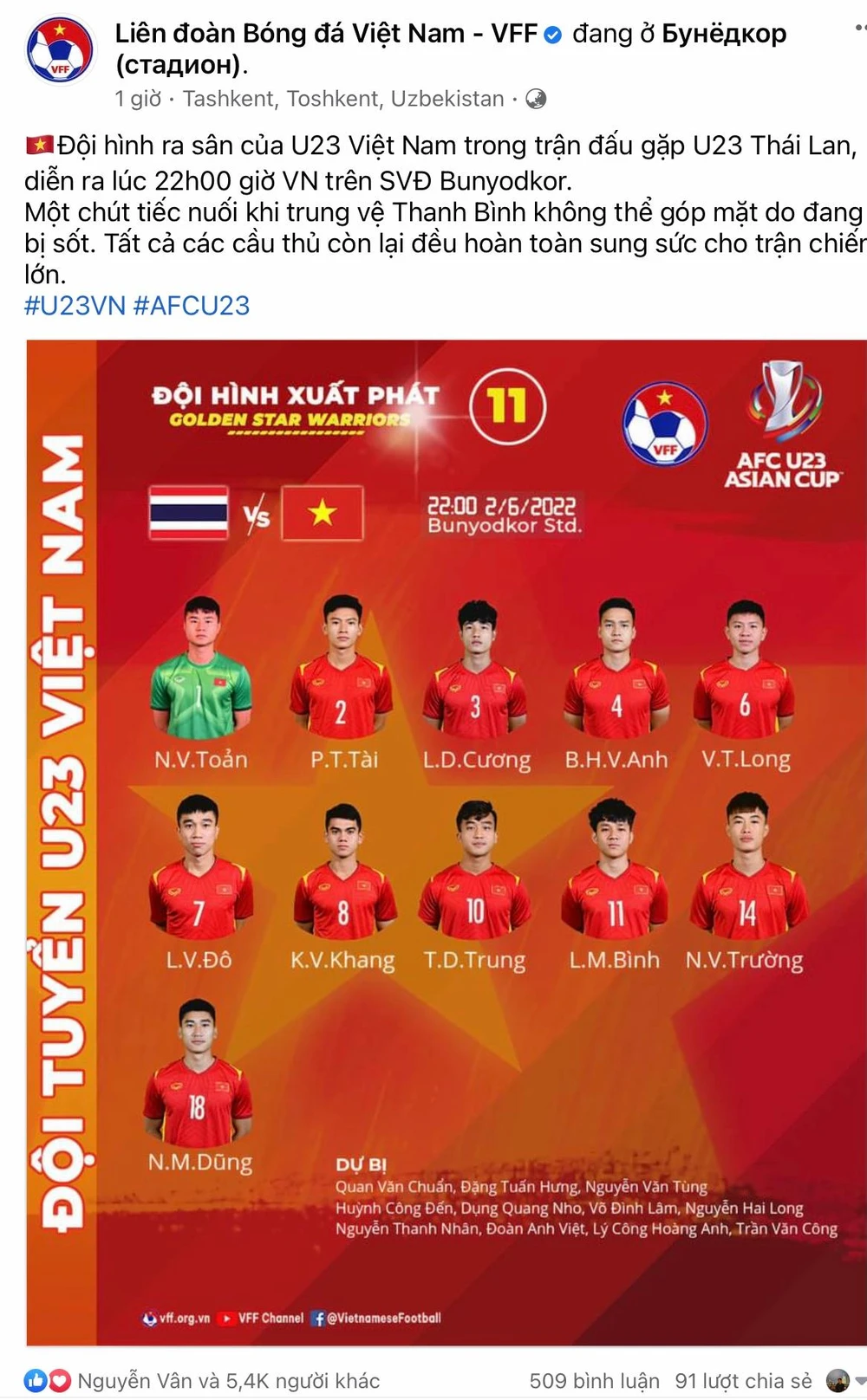 Thông tin trên Facebook của VFF. Thông tin trên Facebook của VFF.