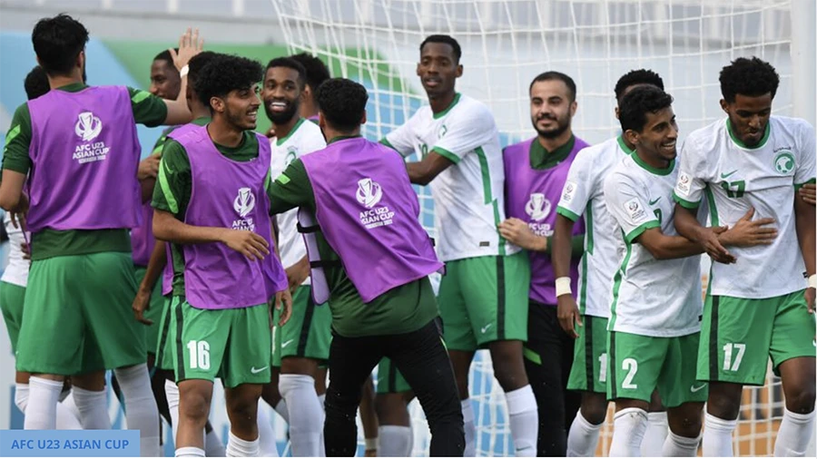 Các cầu thủ Saudi Arabia ăn mừng trong trận thắng U-23 UAE. ẢNH: AFC