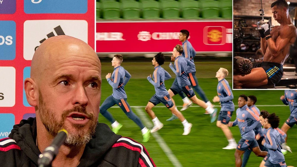 Dù Ronaldo chưa trở lại nhưng Ten Hag khẳng định Ronaldo nằm trong kế hoạch của MU cho mùa giải tới. ẢNH: MIRROR