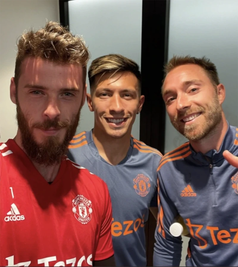 Thủ môn De Gea cùng hai tân binh Eriksen và Martinez. ẢNH: TWITTER