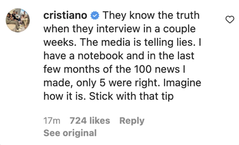 Ronaldo viết trên Instargram. ẢNH: MIRROR