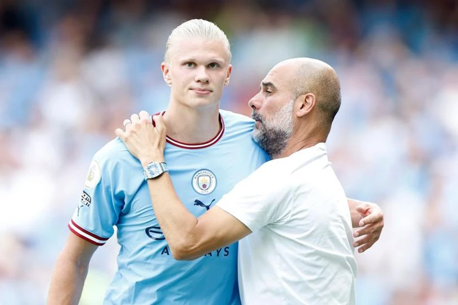 Gần như trận đấu nào Pep Guardiola cũng ca ngợi cậu học trò Erling Haaland. ẢNH: GETTY
