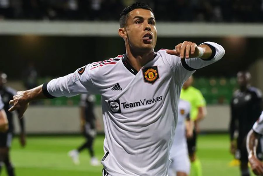 Ronaldo ăn mừng bàn thắng đầu tiên cho MU ở mùa giải này. ẢNH: GETTY