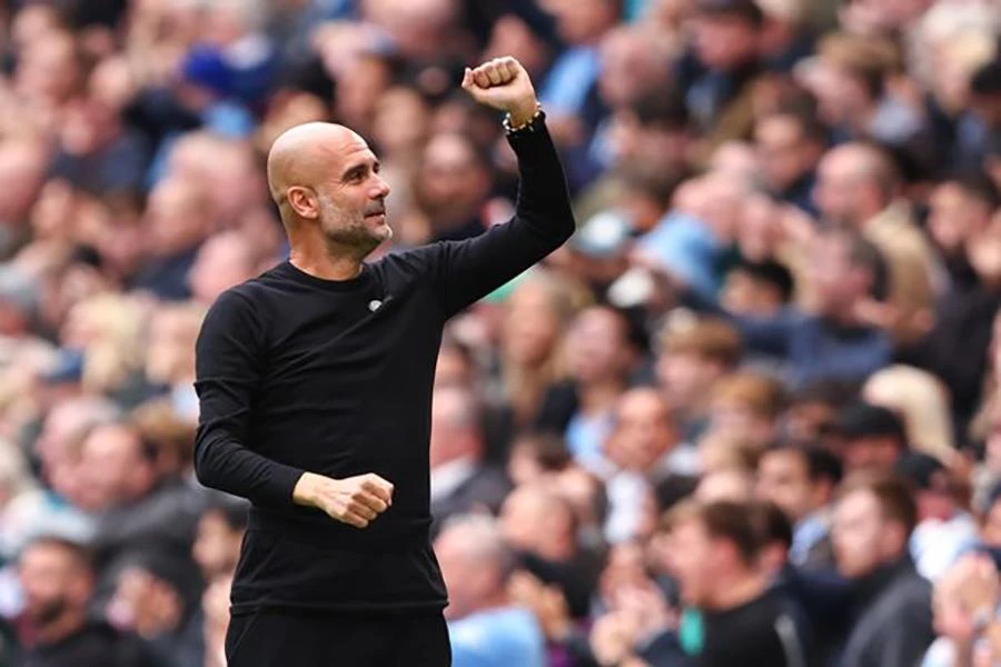 Pep Guardiola rất vui vì có một sát thủ như Haaland trong đội hình Man City. ẢNH: GETTY