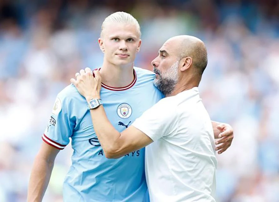 Pep Guardiola và Erling Haaland đang có mối quan hệ nồng ấm tại Man City. ẢNH: GETTY