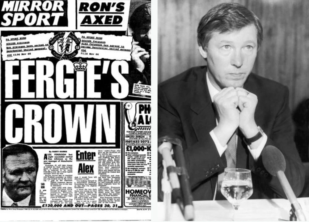 Tư liệu MU xác nhận bổ nhiệm Sir Alex Ferguson (ảnh trái) và cuộc họp báo đầu tiên của Sir Alex với tư cách HLV MU (ảnh phải). ẢNH: MIRROR
