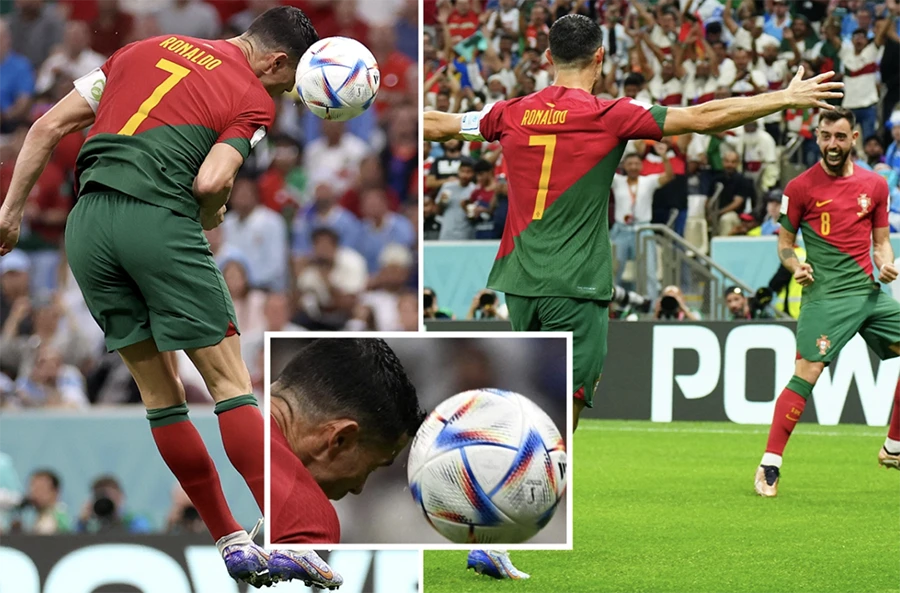 Cận cảnh bàn thắng hợp lệ của Bồ Đào Nha nhưng vẫn gây tranh cãi về ai là người ghi bàn. ẢNH: GETTY, SUN SPORTS