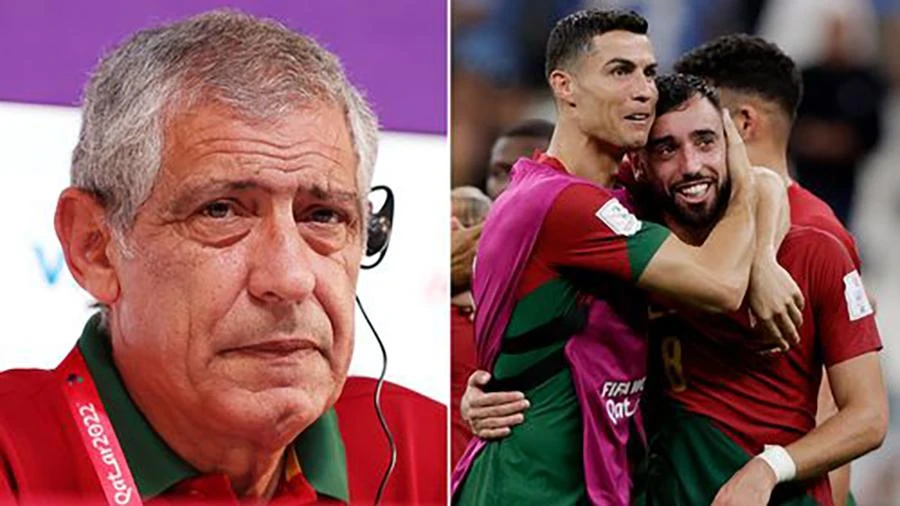 Bruno Fernandes đã bảo vệ Ronaldo sau khi đội trưởng tuyển Bồ Đào Nha bị HLV Santos đẩy lên ghế dự bị. ẢNH: MIRROR