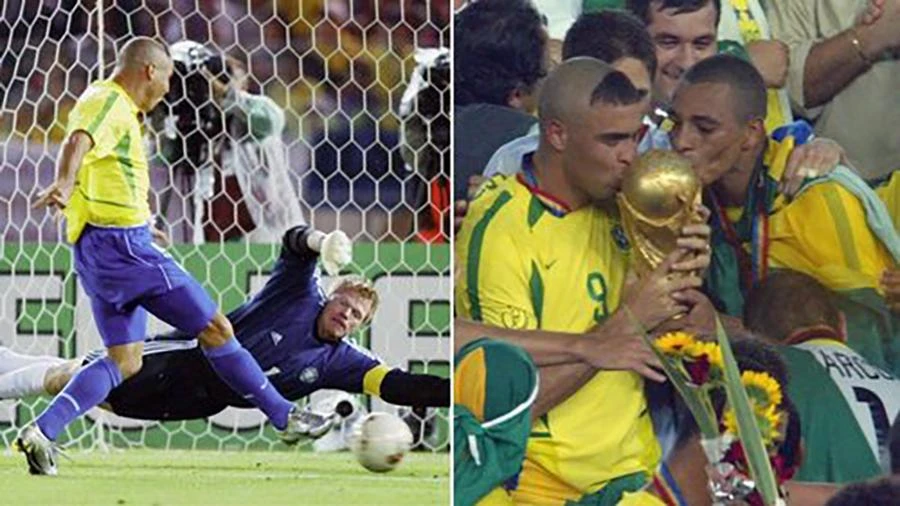 Ronaldo ghi cả hai bàn trong trận chung kết World Cup 2002 giúp Brazil thắng Đức 2-0 và anh là vua phá lưới giải đấu năm đó với 8 bàn thắng. ẢNH: MIRROR