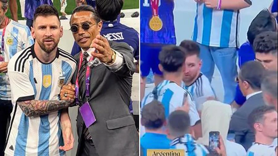 Salt Bae chặn Messi lại và xin chụp ảnh chung. ẢNH: MIRROR