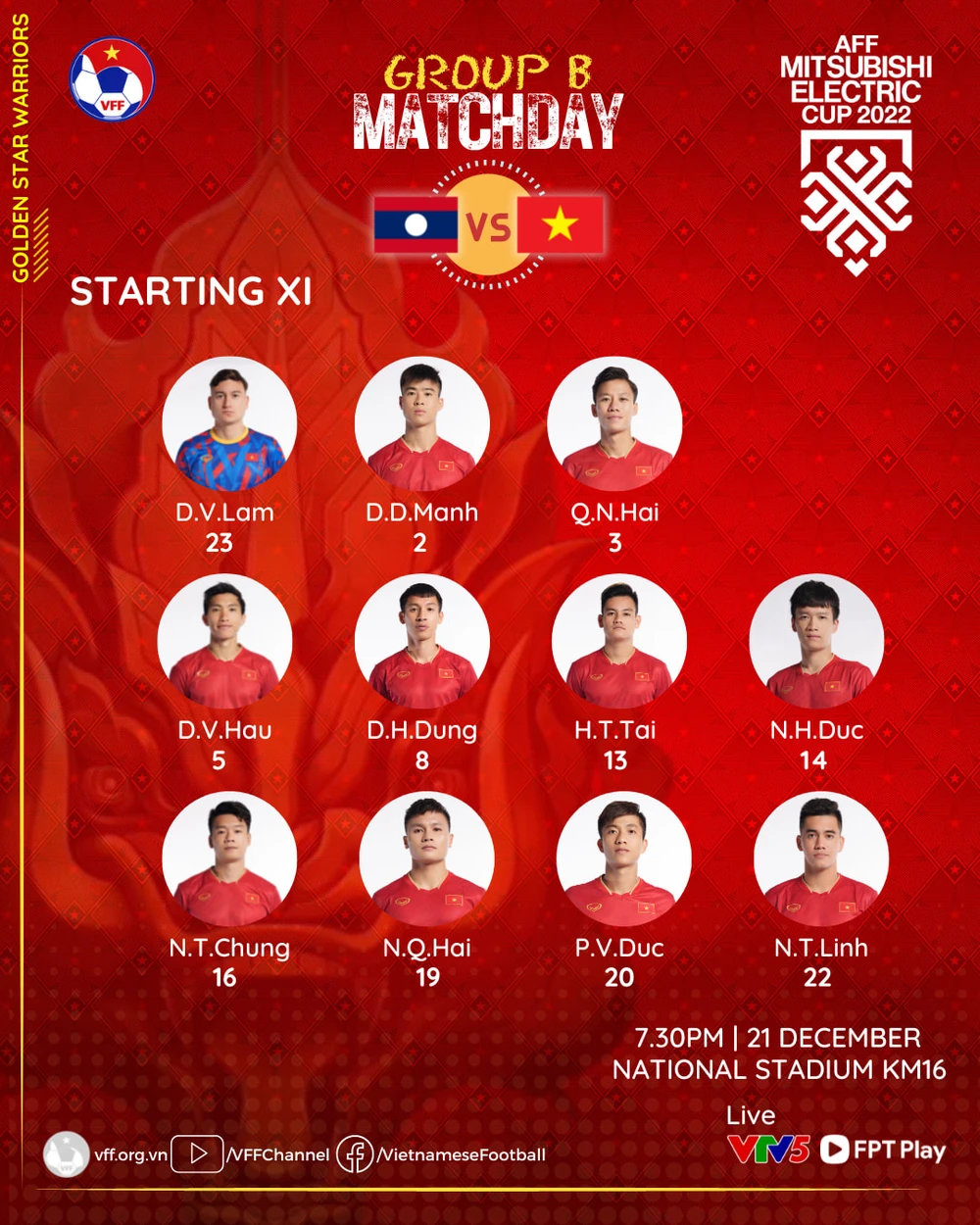 Đội hình ra sân của tuyển Việt Nam. ẢNH: VFF