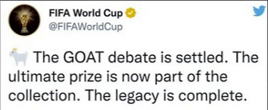 Trước đó, FIFA cũng xóa dòng tweet cuộc tranh luận về cầu thủ vĩ đại nhất thế giới (GOAT) đã kết thúc. Trước đó, FIFA cũng xóa dòng tweet cuộc tranh luận về cầu thủ vĩ đại nhất thế giới (GOAT) đã kết thúc.