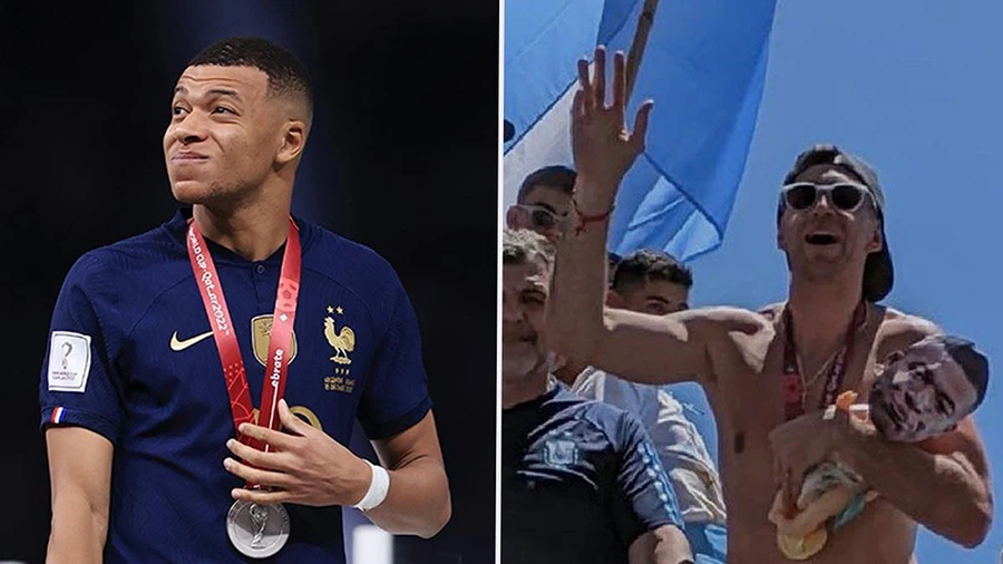 Martinez tạo nên trò hề phản cảm nhắm vào Mbappe. ẢNH: MIRROR Martinez tạo nên trò hề phản cảm nhắm vào Mbappe. ẢNH: MIRROR