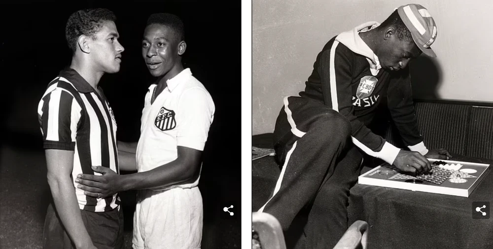 Pele với Garrincha, cầu thủ được cho là vĩ đại chỉ sau Pele ở Brazil vào năm 1959 (trái) và Pele chơi board game (phải).