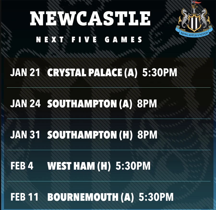 Lịch thi đấu (giờ Anh) 5 trận sắp tới của Newcastle. ẢNH: SUN SPORTS