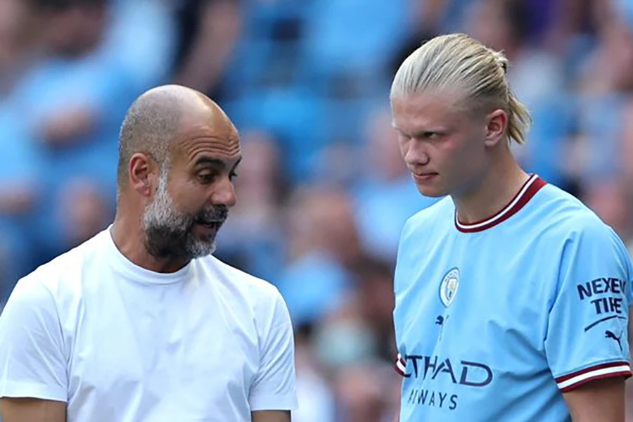 Pep Guardiola từng bác bỏ thông tin Haaland có điều khoản giải phóng hợp đồng với Man City. ẢNH: GETTY