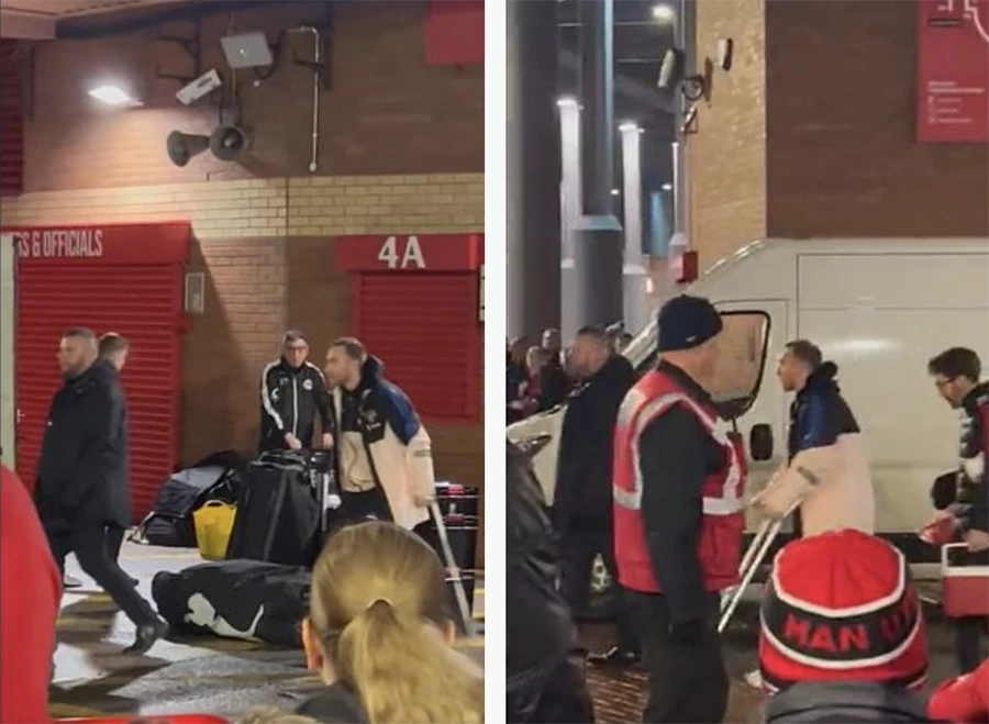 Eriksen phải chống nạng sau khi dính chấn thương mắt cá chân. ẢNH: CẮT TỪ CLIP TWITTER