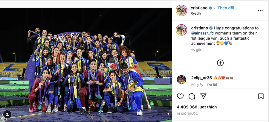 Bài đăng chúc mừng chức vô địch của bóng đá nữ Al Nassr của Ronaldo. ẢNH: INSTAGRAM