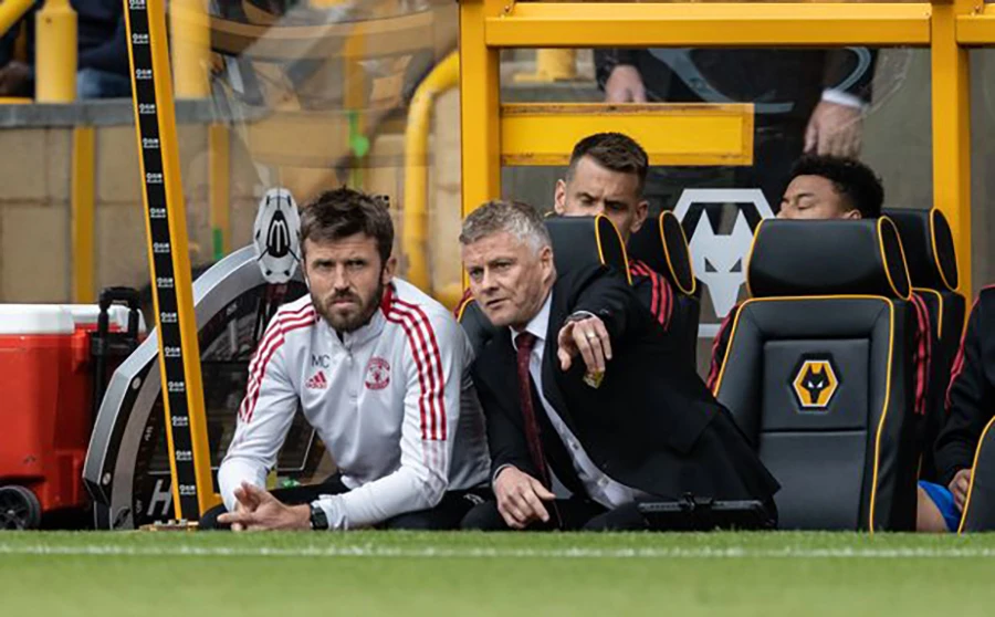 Solskjaer cùng trợ lý Carrick trong thời gian dẫn dắt Man United. ẢNH: GETTY