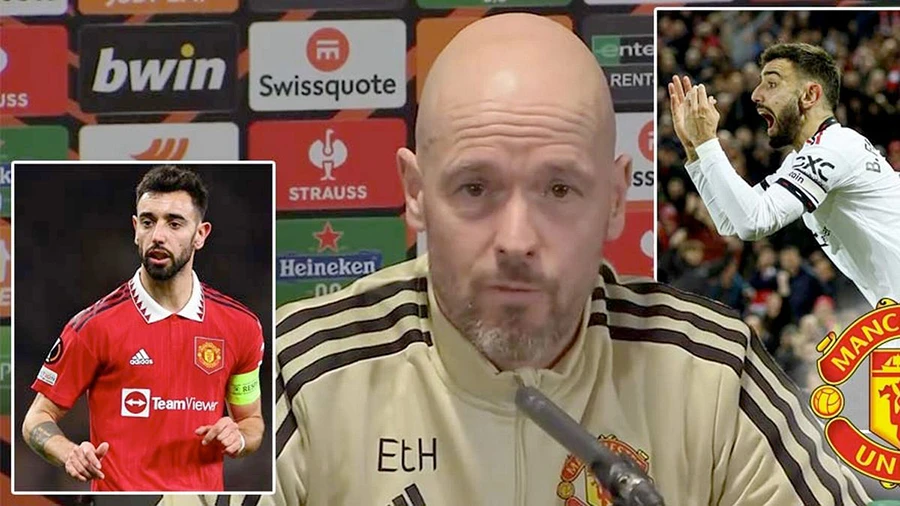 Ten Hag vẫn hoàn toàn tin tưởng vào khả năng lãnh đạo của Bruno Fernandes tại Old Trafford. ẢNH: MIRROR