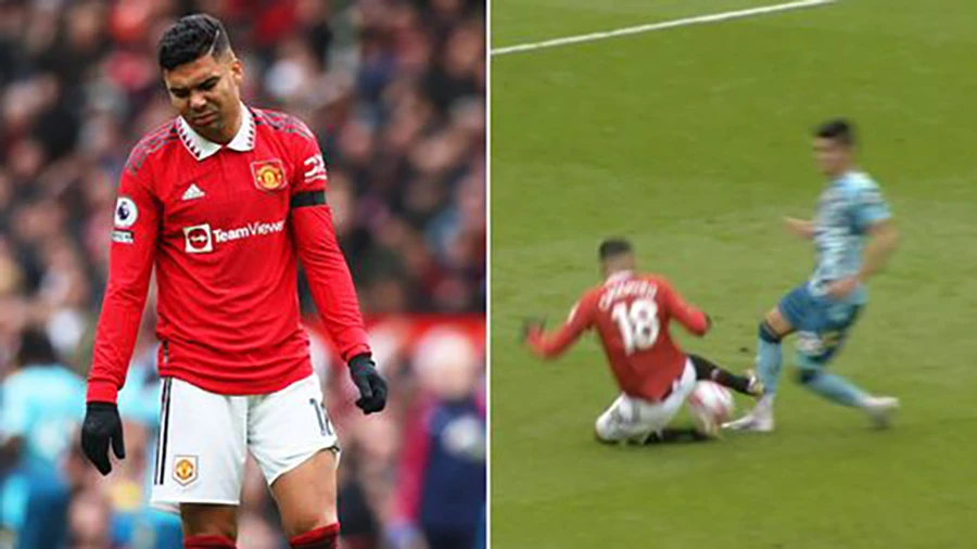 Pha vào bóng này khiến Casemiro phải đi "tắm sớm". ẢNH: MIRROR