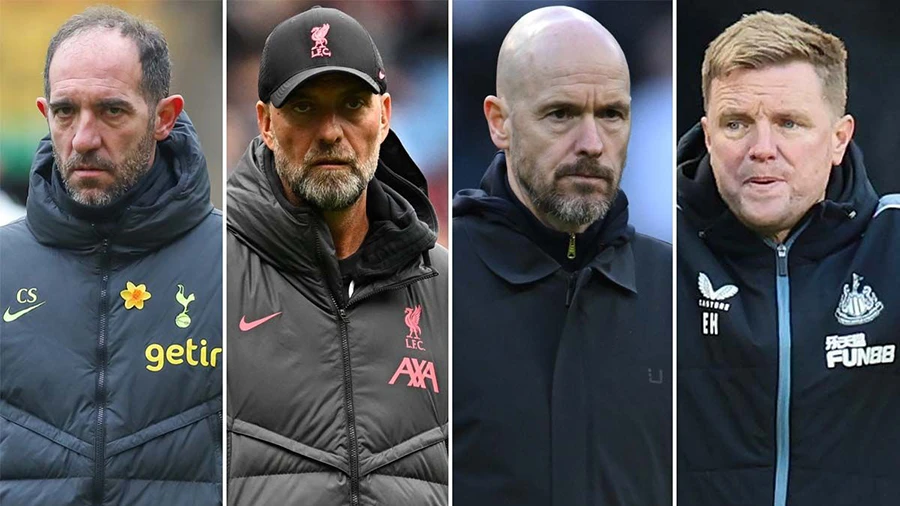 Cuộc cạnh tranh 2 suất dự Champions League sau Man City và Arsenal giữa MU, Liverpool, Newcastle và Tottenham vẫn rất căng thẳng. ẢNH: MIRROR