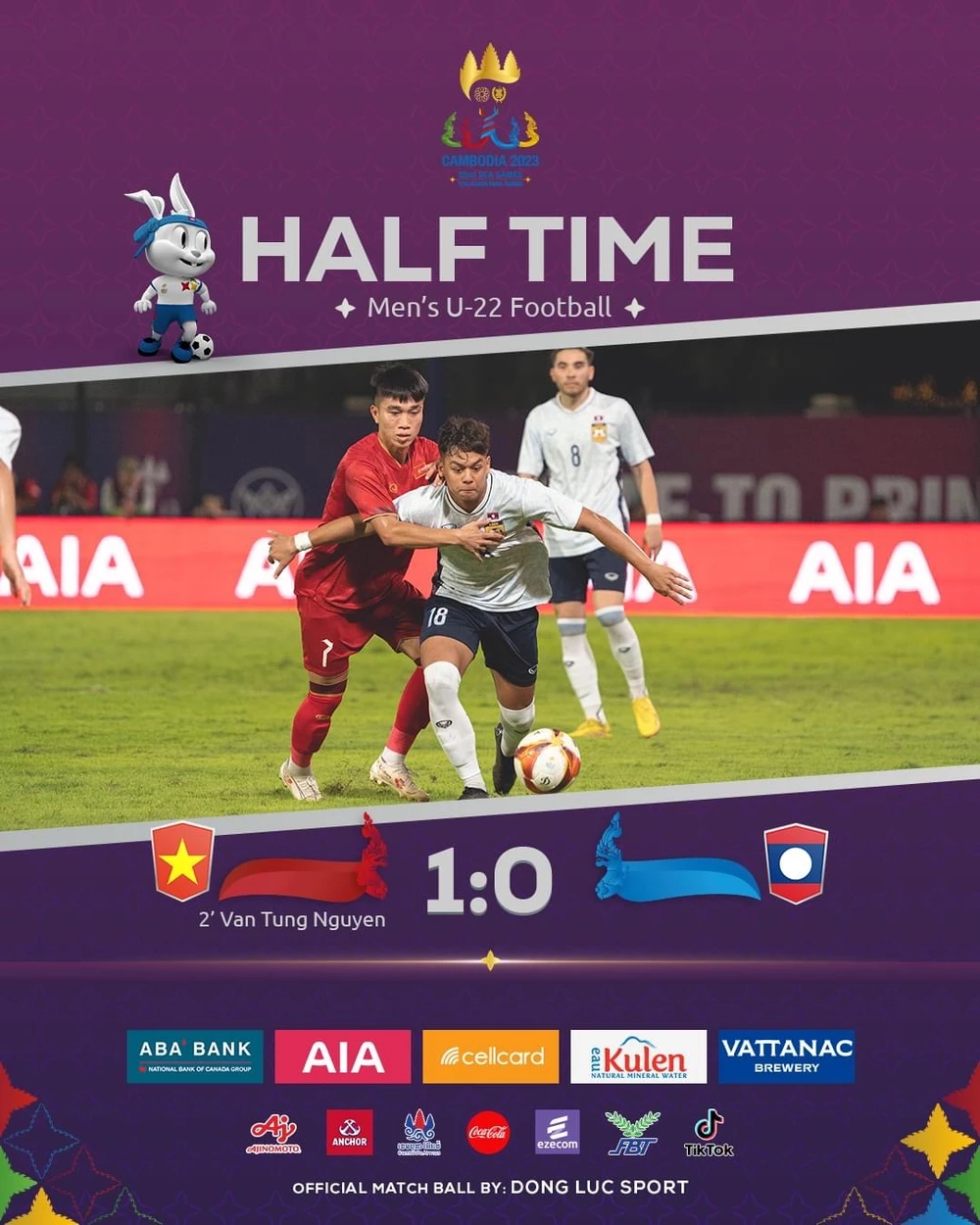 U-22 Việt Nam tạm dẫn U-22 Lào 1-0. ẢNH: BTC SEA GAMES 32