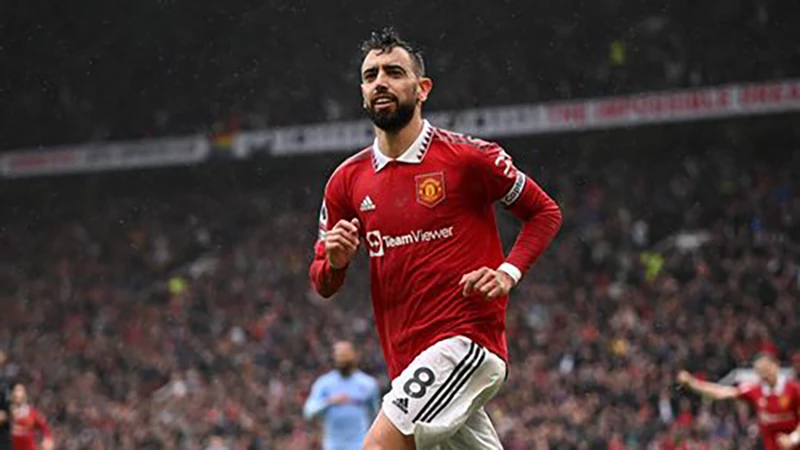 Bruno Fernandes ăn mừng bàn thắng duy nhất trận cho MU. ẢNH: GETTY
