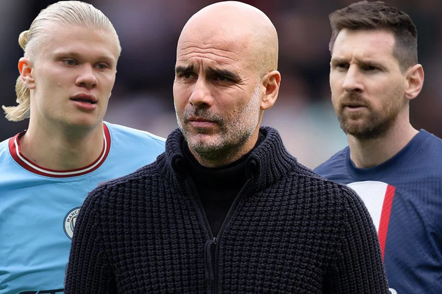 Pep Guardiola đã chỉ ra 2 đặc điểm Erling Haaland giống hệt Lionel Messi. ẢNH: MIRROR