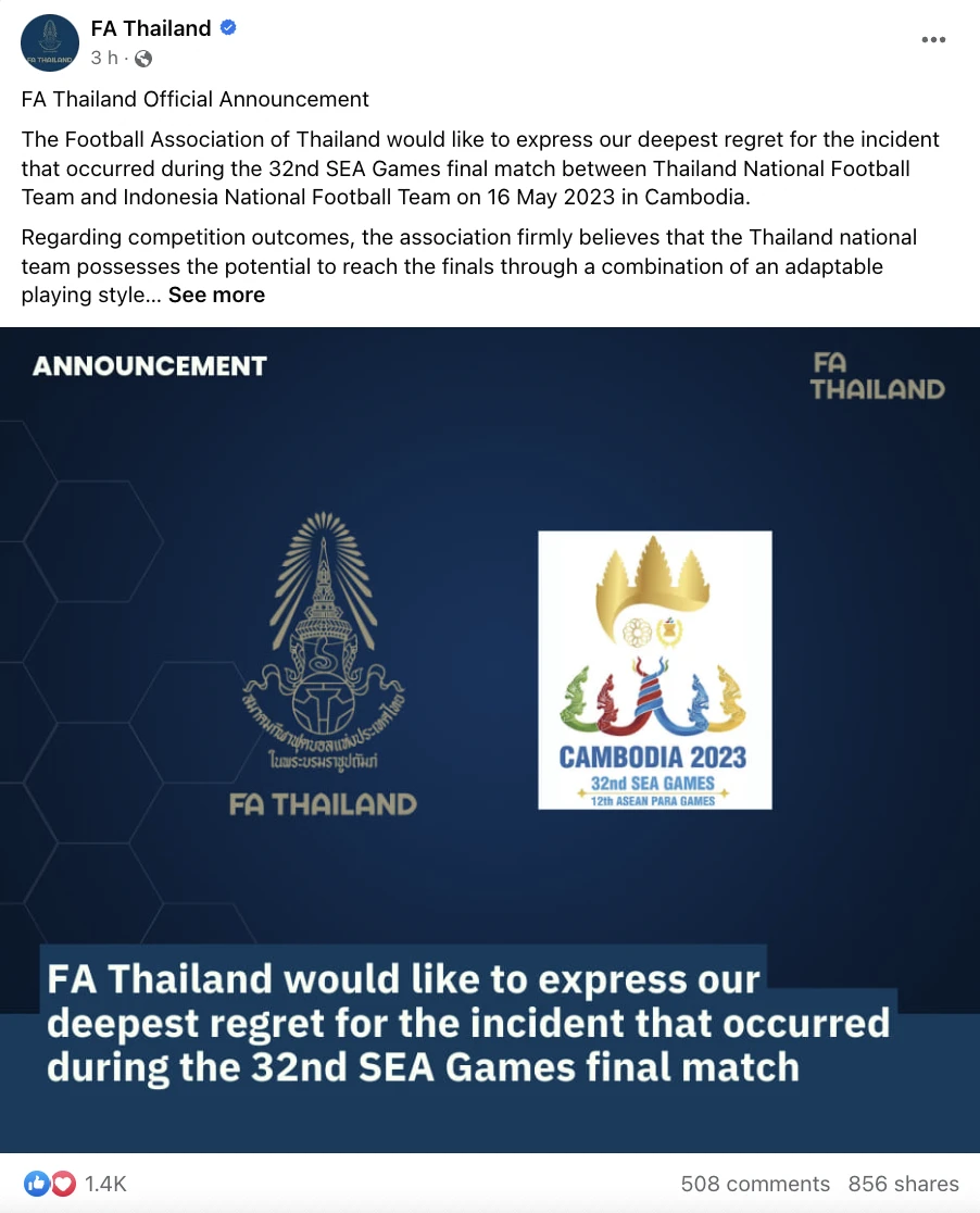 LĐBĐ Thái Lan (FAT) chính thức gửi lời xin lỗi và mở cuộc điều tra xử phạt nghiêm minh các cá nhân vi phạm. ẢNH: CHỤP MÀN HÌNH THÔNG BÁO CỦA FAT