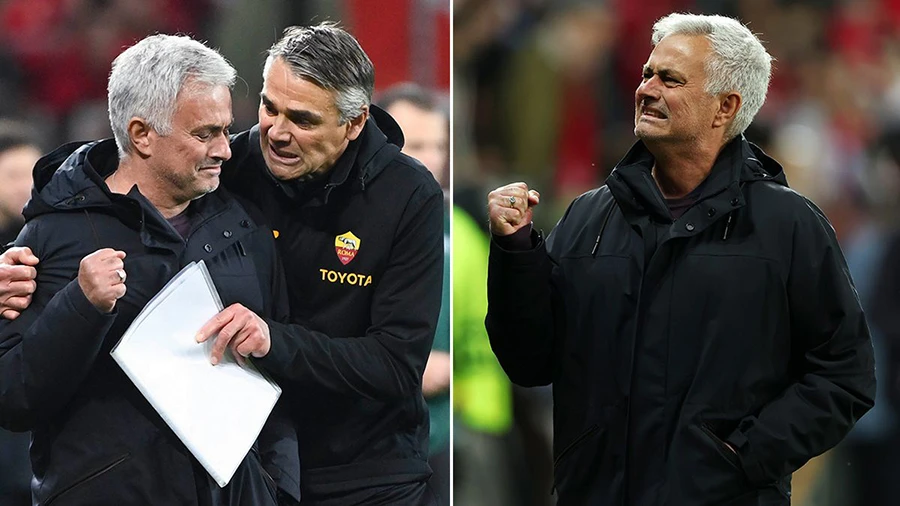 Mourinho rơi nước mắt sau chiến thắng của AS Roma. ẢNH: MIRROR Mourinho rơi nước mắt sau chiến thắng của AS Roma. ẢNH: MIRROR