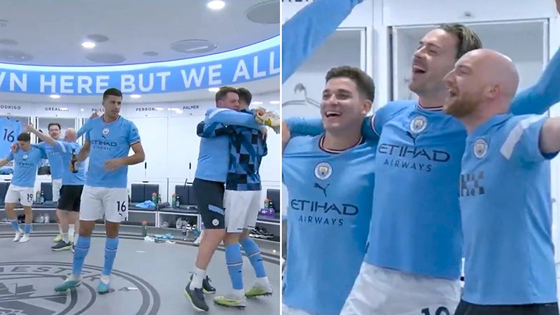 Phòng thay đồ rộn tiếng cười của Man City trong lễ ăn mừng danh hiệu Premier League. ẢNH: MIRROR