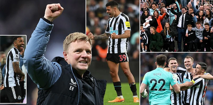 Newcastle hoàn thành mục tiêu lọt Top 4 Premier League và ăn mừng. ẢNH: MIRROR