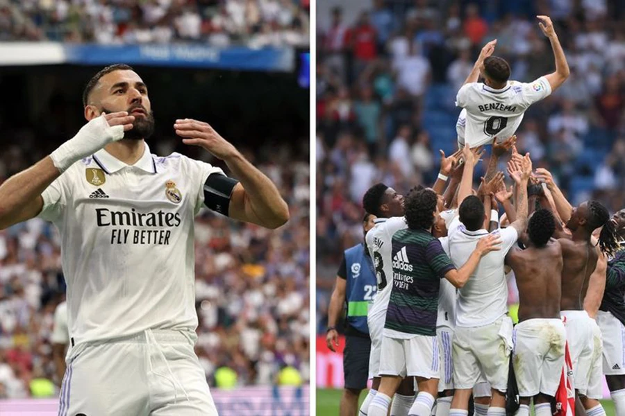 Benzema ghi bàn và được các đồng đội tung hô sau trận đấu cuối cùng chơi cho Real Madrid. ẢNH: MIRROR