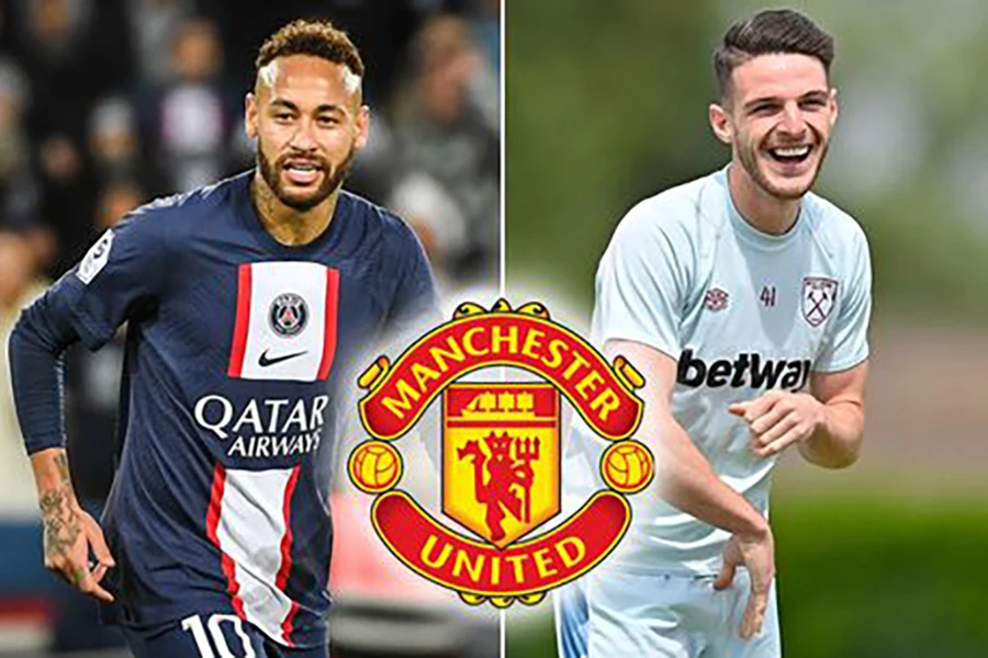 Neymar và Rice là hai cái tên lớn có thể gia nhập Old Trafford. ẢNH: DAILY STAR