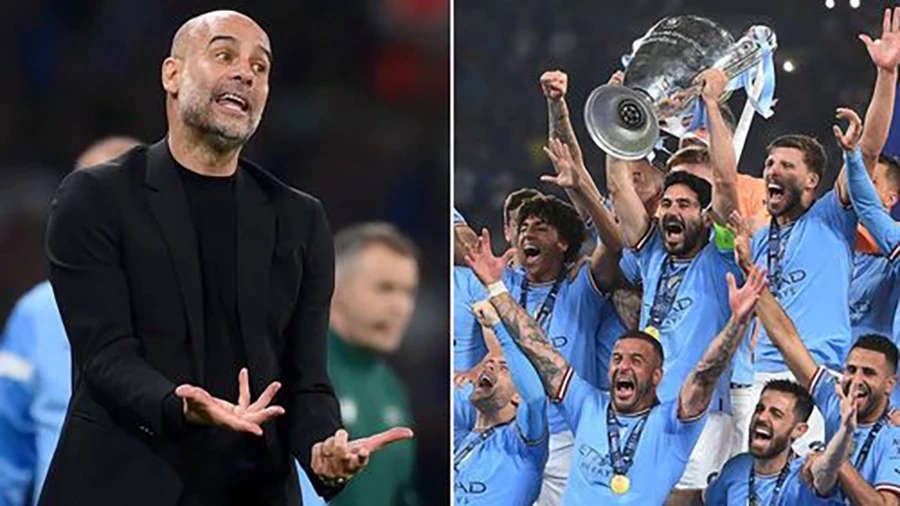 Man City của Pep Guardiola đã hoàn tất cú ăn ba lịch sử. ẢNH: MIRROR