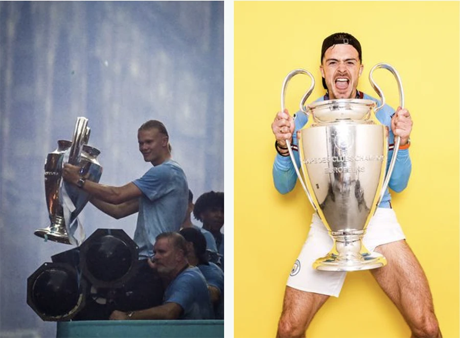 Erling Haaland và Jack Grealish ôm cúp Champions League. ẢNH: GETTY Erling Haaland và Jack Grealish ôm cúp Champions League. ẢNH: GETTY