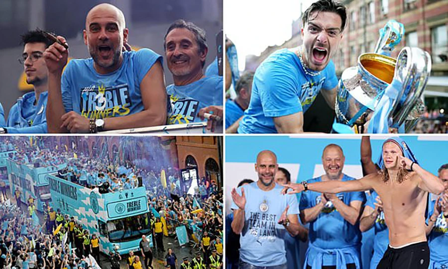 Man City diễu hành hoành tráng ăn mừng cú ăn ba lịch sử. ẢNH: DAILY MAIL Man City diễu hành hoành tráng ăn mừng cú ăn ba lịch sử. ẢNH: DAILY MAIL