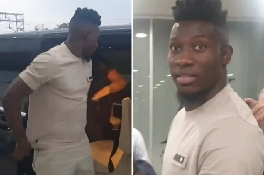 Onana bay đến Manchester kiểm tra y tế và ký hợp đồng với MU. ẢNH: SUN SPORTS