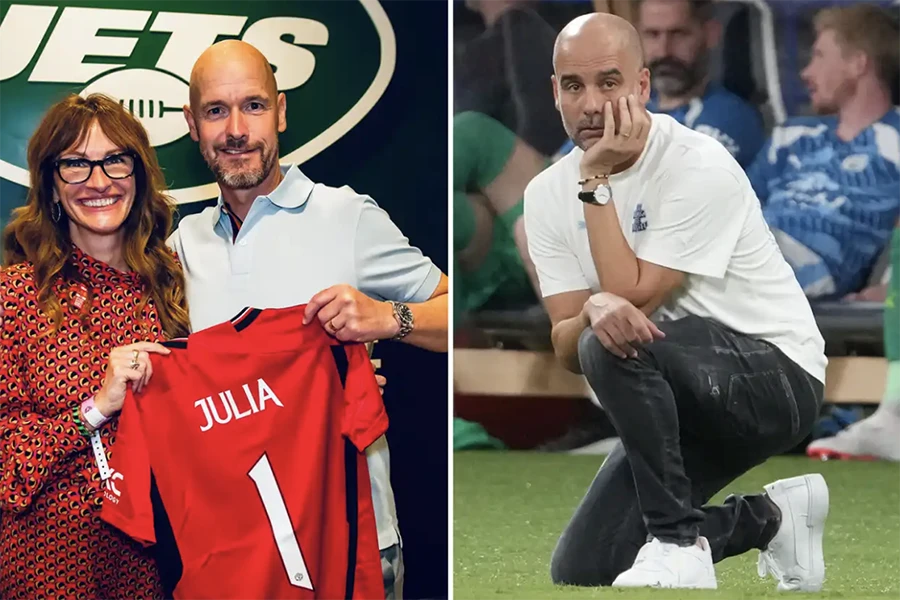 Julia Roberts đã khiến Pep Guardiola "buồn lòng" vì cô hâm mộ MU thay vì Man City. ẢNH: SUN SPORTS