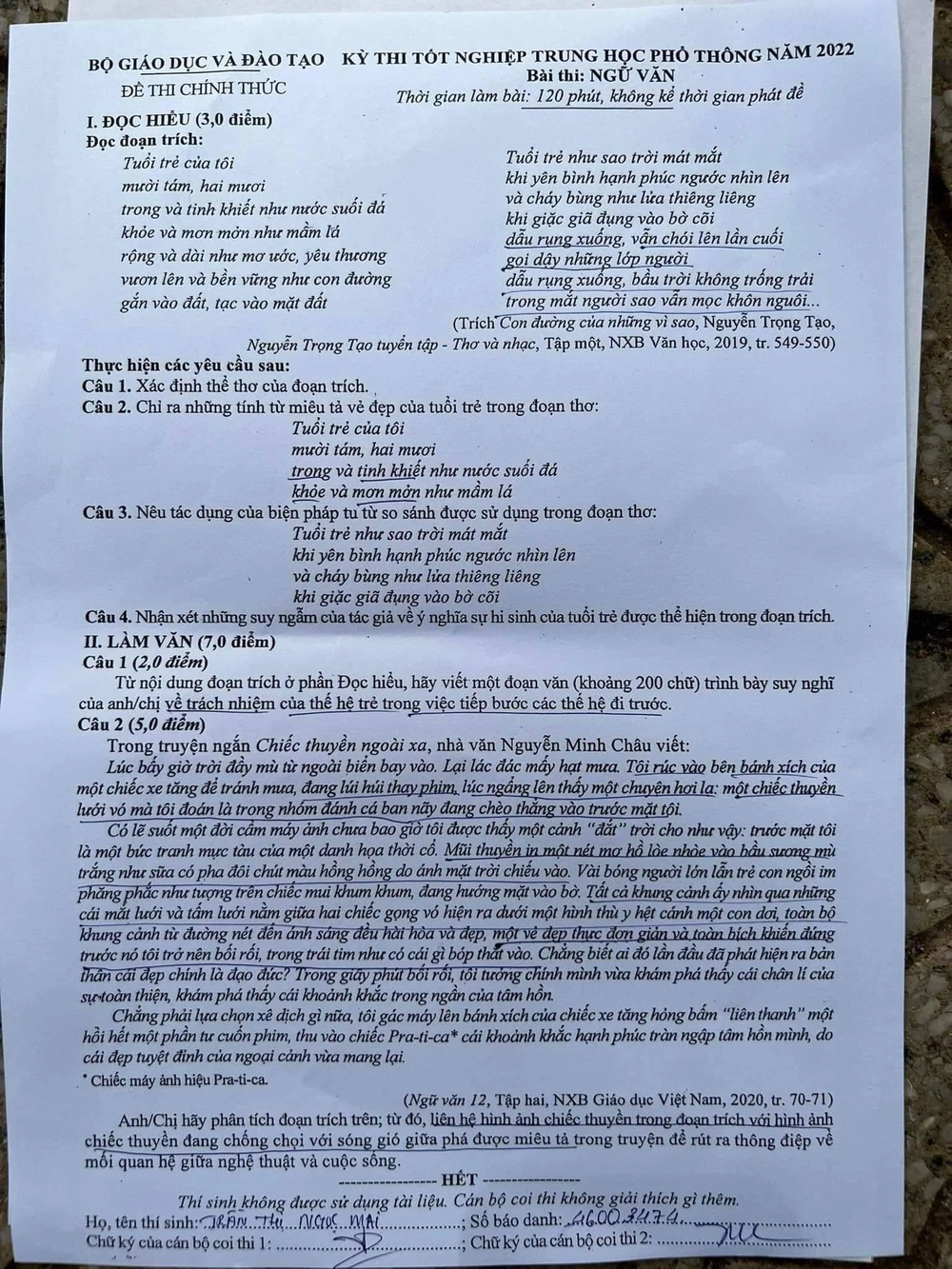 Đề thi môn Văn kỳ thi tốt nghiệp THPT 2022.