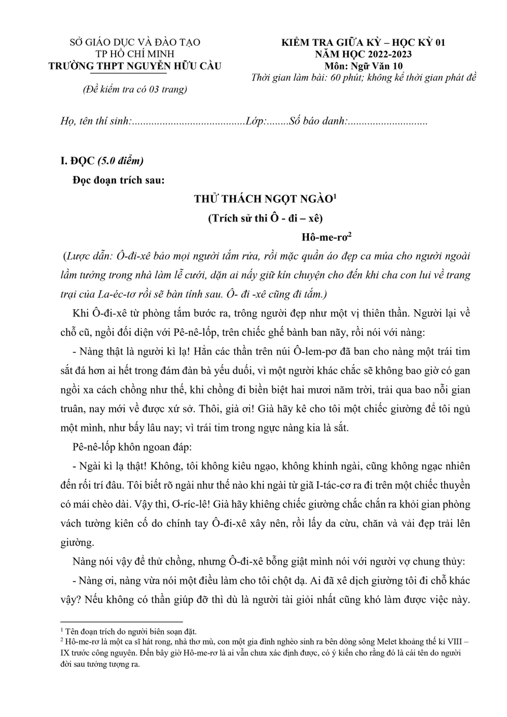 Đề kiểm tra môn Văn giữa kỳ của trường THPT Nguyễn Hữu Cầu, huyện Hóc Môn. Ảnh: NGUYỄN QUYÊN