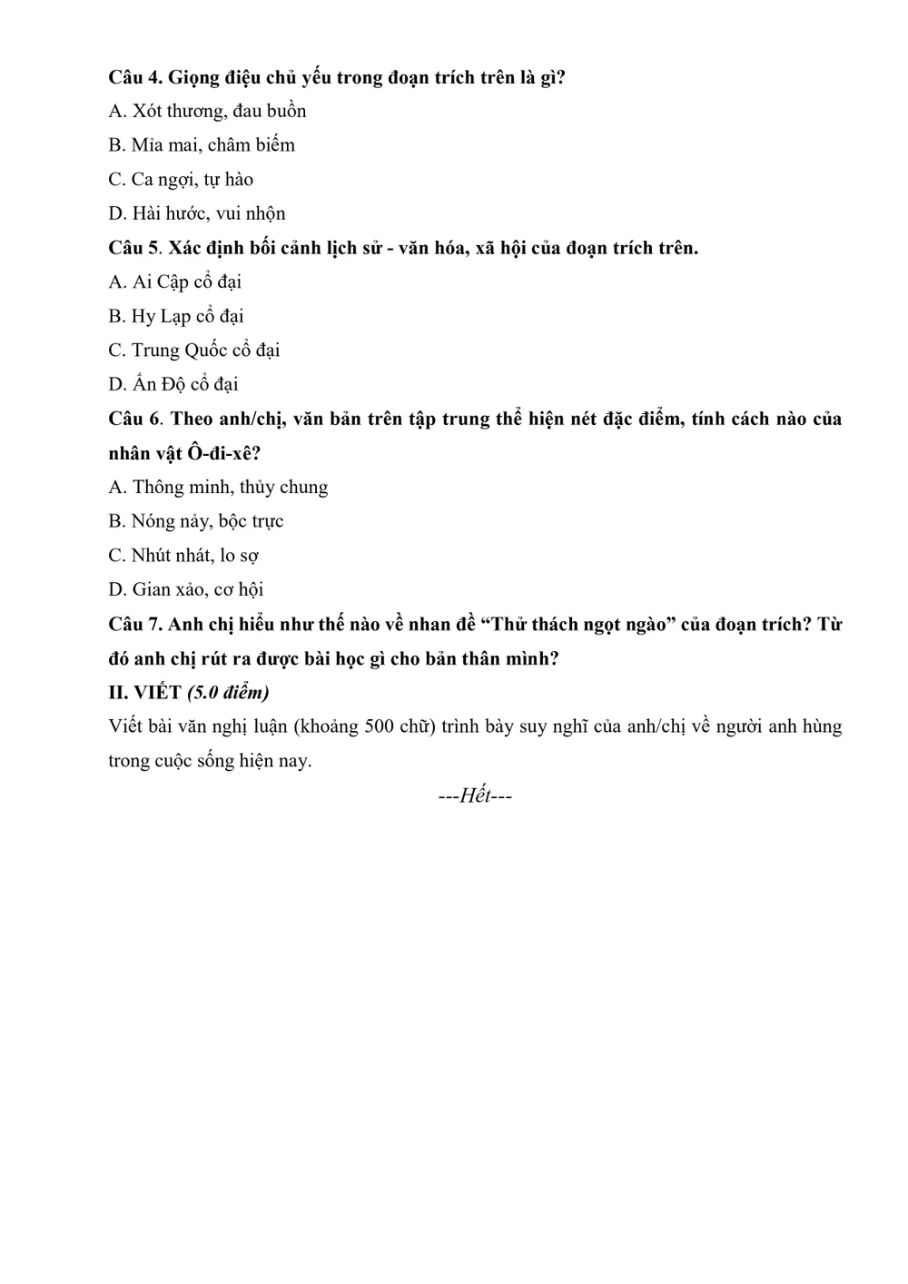 Đề kiểm tra môn Văn giữa kỳ của trường THPT Nguyễn Hữu Cầu, huyện Hóc Môn. Ảnh: NGUYỄN QUYÊN