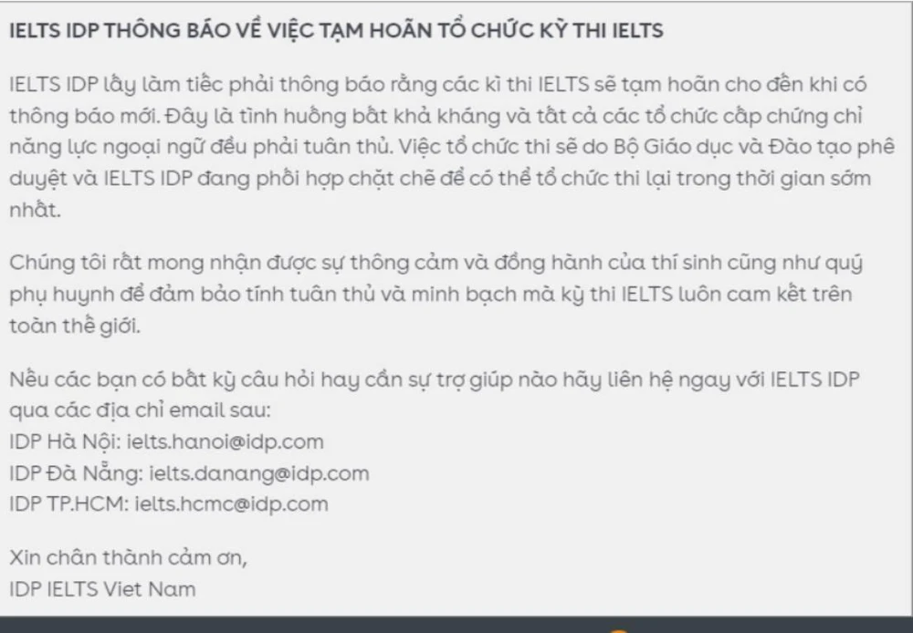 Thông báo tạm hoãn tổ chức thi IELTS của IDP. Ảnh: Chụp màn hình