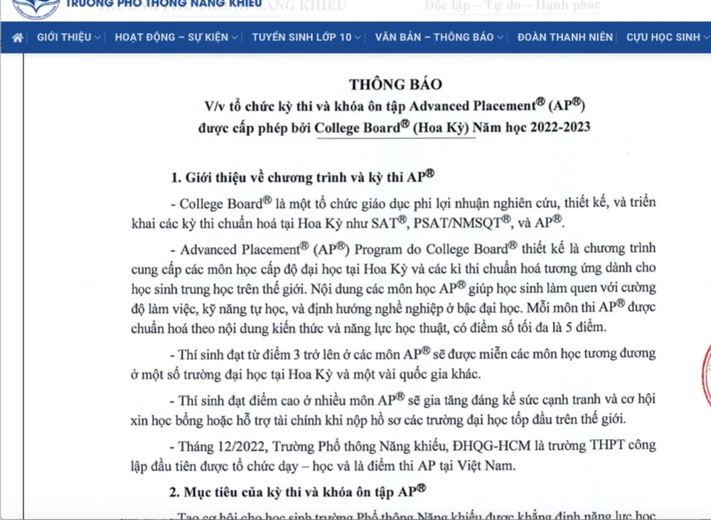 Thông báo tổ chức kỳ thi trên trang web của trường. Ảnh CHỤP MÀN HÌNH