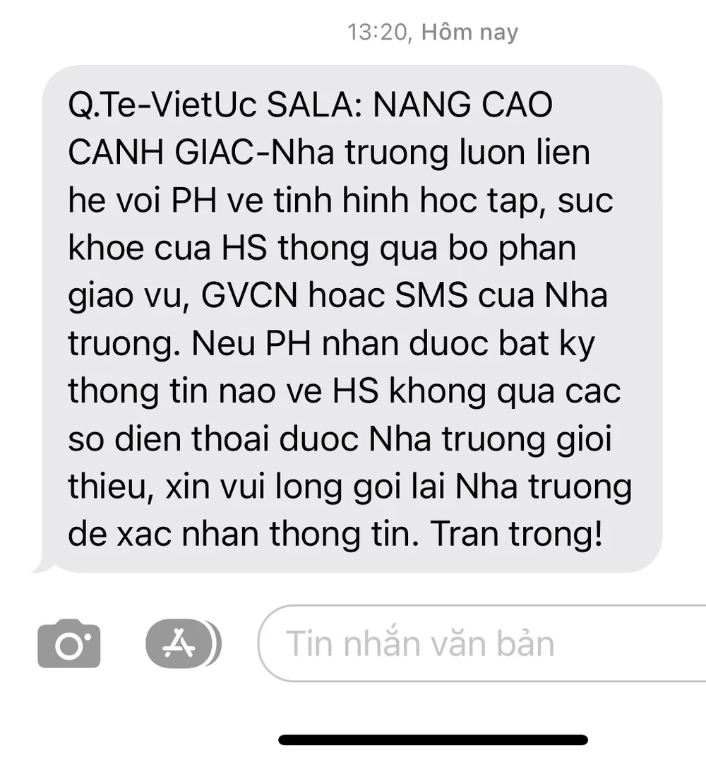 Tin nhắn Trường Quốc tế Việt Úc gửi cho phụ huynh. Ảnh: CHỤP MÀN HÌNH
