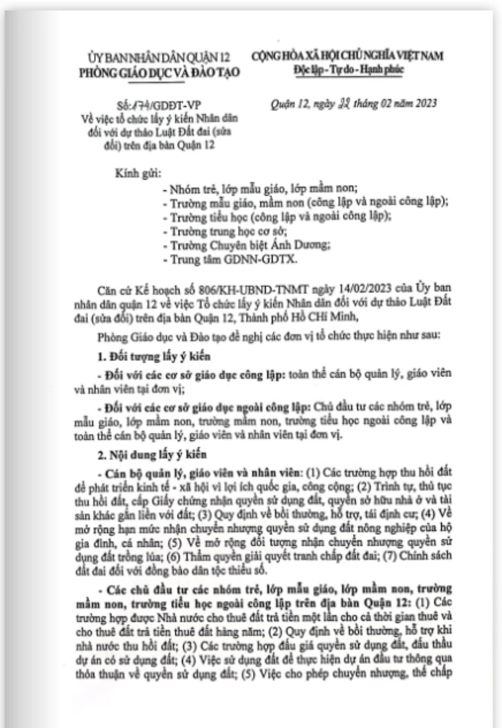 Văn bản chỉ đạo đầy đủ của phòng GD&amp;ĐT quận 12. Ảnh: NQ
