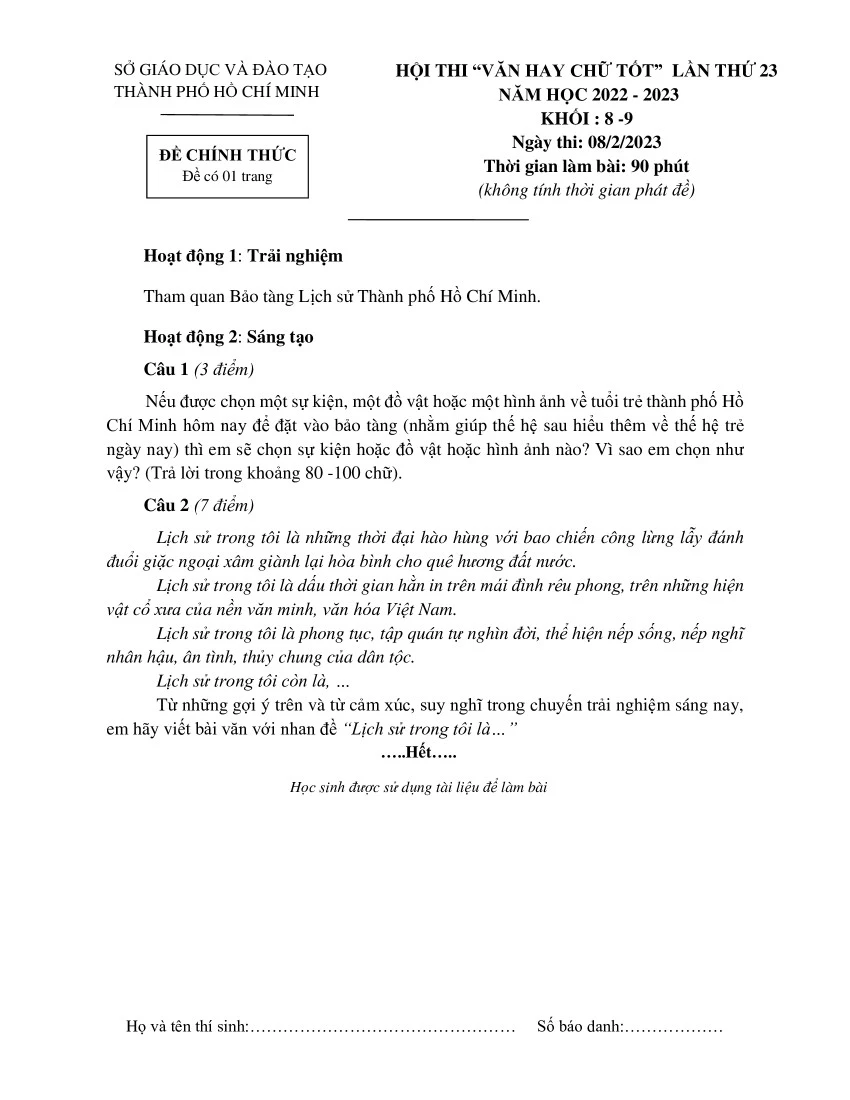 Đề thi Văn hay chữ tốt dành cho HS khối 8, 9.